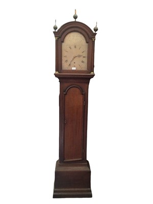 Lot 612 - Oak cased longcase clock with silvered arch dial and interesting movement, together with single weight, pendulum & key.  Romford maker