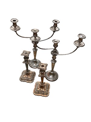 Lot 174 - Pair of antique Sheffield plated 19th century candelabra together with pair of 19th century Sheffield plated candlesticks