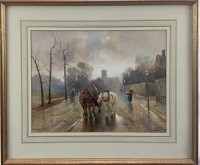 Lot 142 - Good watercolour by W. Walter Gozzard 'The Shades of Eve' depicting drover with three horses