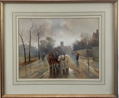 Lot 175 - Good watercolour by W. Walter Gozzard 'The Shades of Eve' depicting drover with three horses