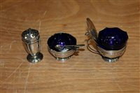 Lot 2864 - Silverer three piece condiment set with blue...