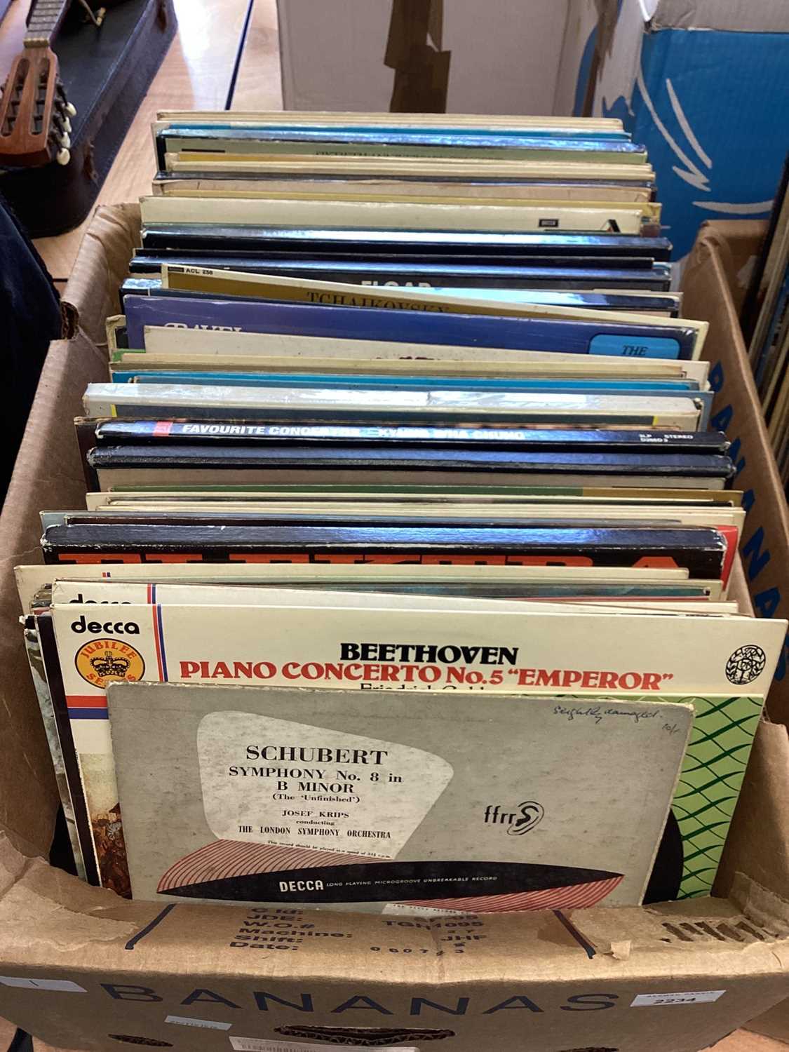 Lot 2234 - Four boxes of LP records and some boxed sets on the Decca label, including Mozart, Rachmaninov, Beethoven, Chopin, Tchaikovsky, Joan Sutherland etc. Many releases on the Decca Eclipse label and oth...