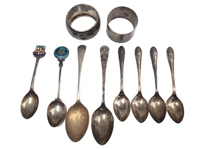 Lot 196 - Selection of silver teaspoons and two silver napkin rings