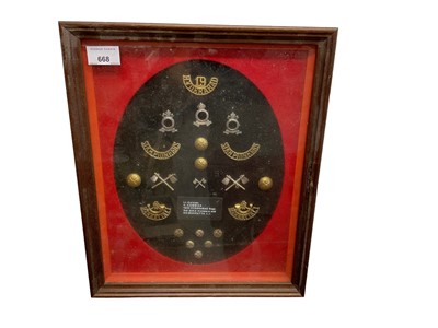 Lot 668 - Group of Sikh Pioneers and Mahratta Light Infantry buttons and badges in glazed frame.