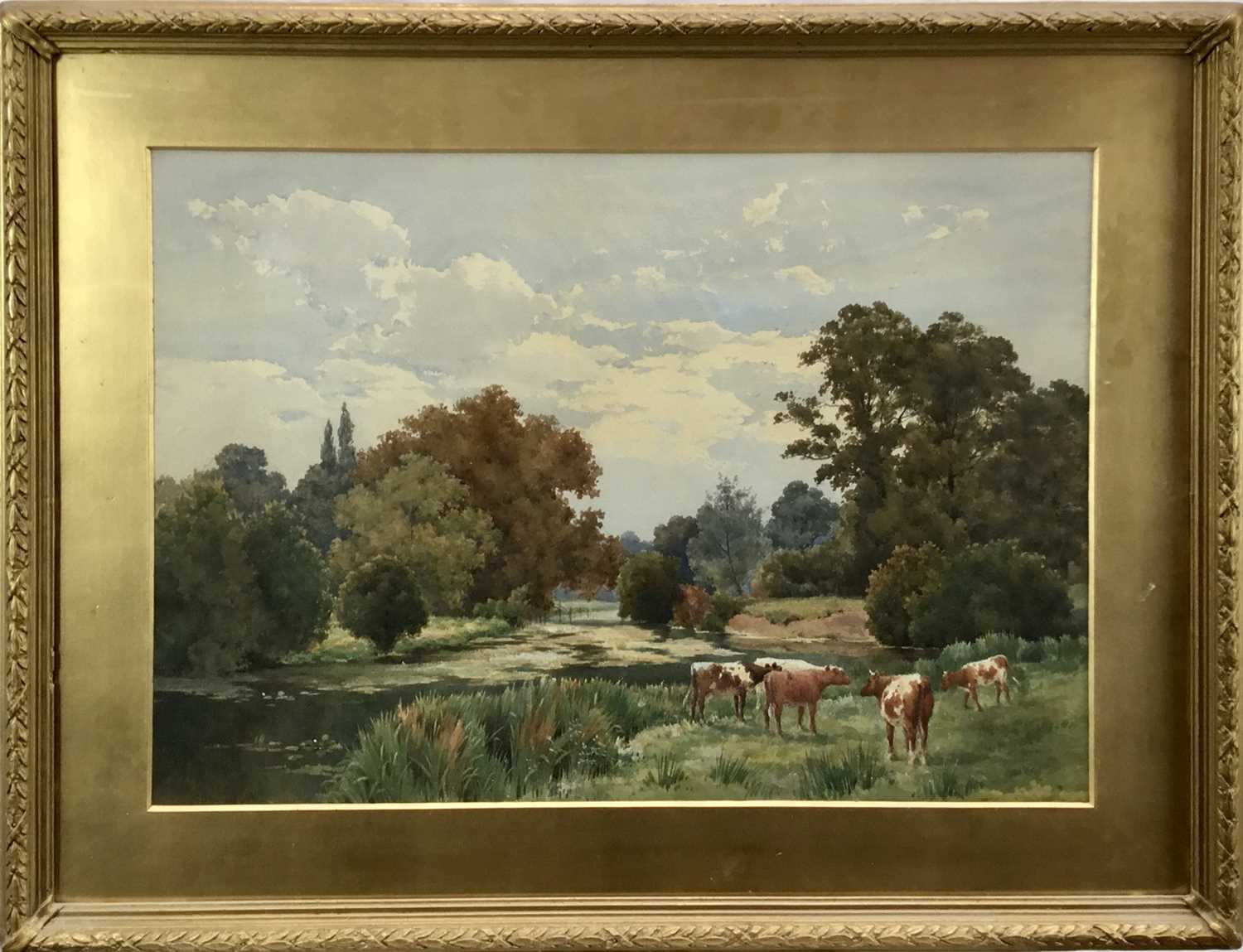 Lot 5 - Benjamin John Ottwell (1847-1937) watercolour, Cattle beside a river, inscribed to old label verso