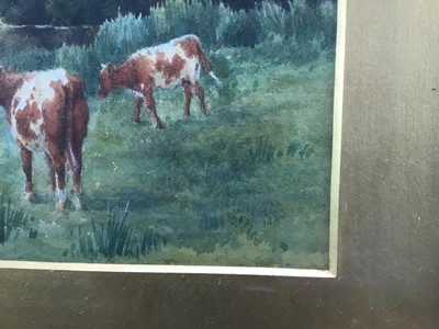 Lot 5 - Benjamin John Ottwell (1847-1937) watercolour, Cattle beside a river, inscribed to old label verso