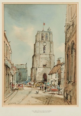 Lot 812 - Arthur Edward Davies (1893-1989) ink and watercolour - The Bell Tower, Beccles, Suffolk, signed, 41cm x 30cm, in glazed gilt frame