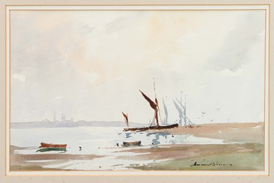 Lot 869 - *Edward Wesson (1910-1983) watercolour, Barges on the hard, Leigh on Sea, signed, 31cm x 48cm, in glazed frame