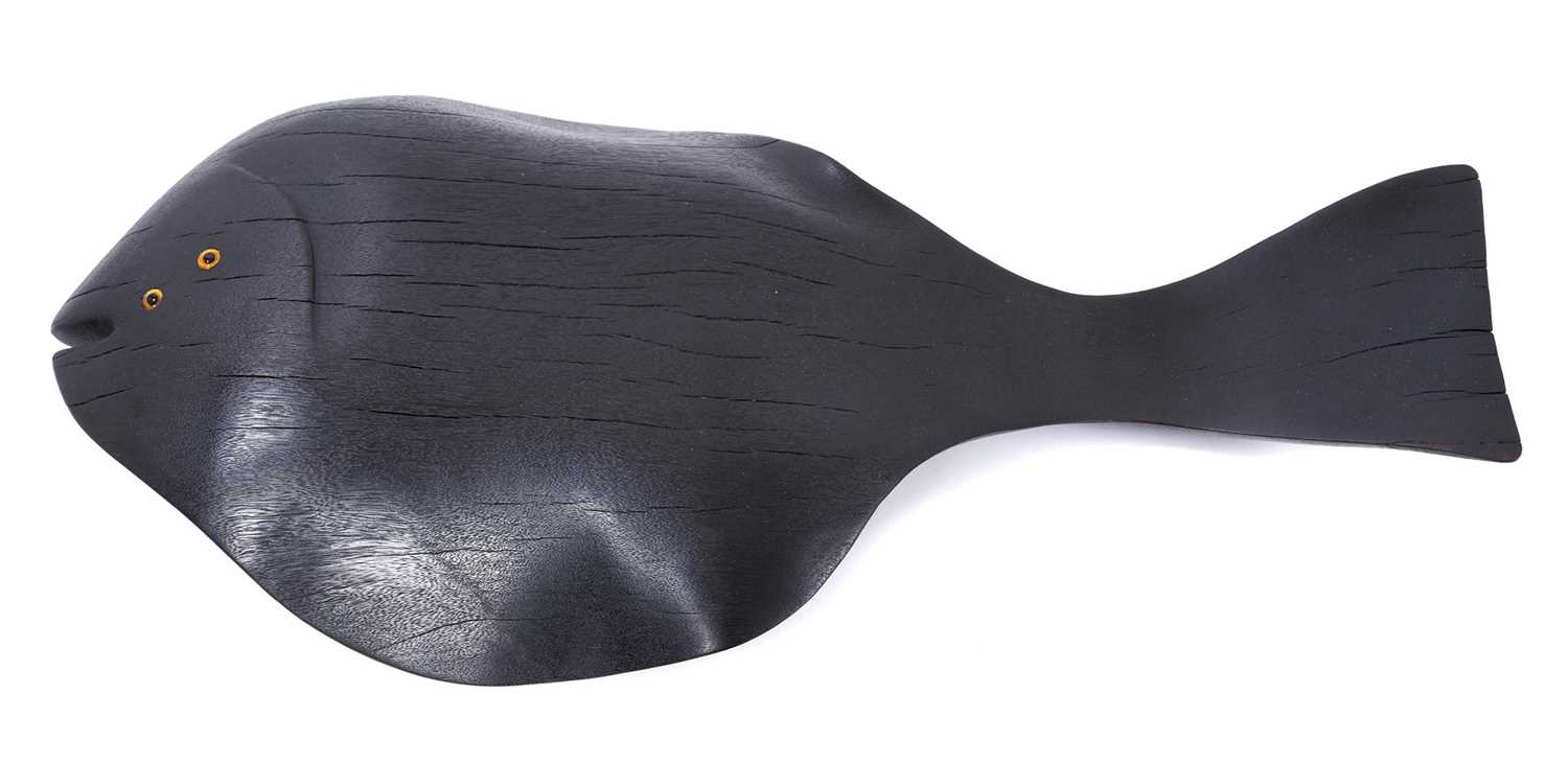 Lot 771 - *Max Tannahill, contemporary, green heart wooden sculpture, Small Black Sole, with burnt finish, signed and dated 2023, 47cm long x 23cm wide