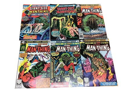 Lot 209 - Six Marvel Comics The Man-Thing. (1975) #4 Gaint Size Man-Thing (1975) first solo story featuring Howard The Duck and first appearance of Garko The Mad-Frog, #5 Gaint Size Man-Thing, first appearan...