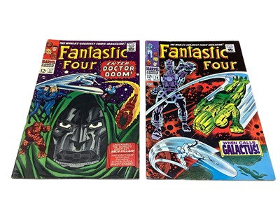 Lot 203 - Marvel Comics Fantastic Four #57 (1966), Priced 12 cents. Together with Fantastic Four #74 (1968), Silver Surfer and Galactus appearances, priced 12 cents. (2)