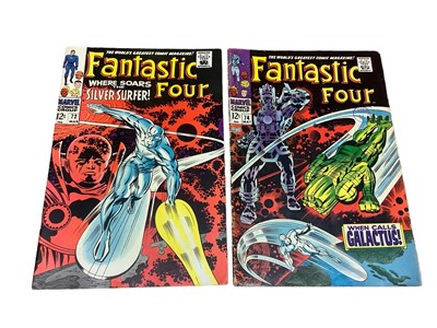 Lot 202 - Marvel Comics Fantastic Four #72 (1968), Silver Surfer appearance and classic Jack Kirby cover, priced 12 cents. Together with Fantastic Four #74 (1968),  Silver Surfer and Galactus appearances, pr...