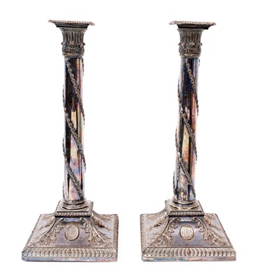 Lot 214 - Pair of Georgian rococo old Sheffield plate candlesticks