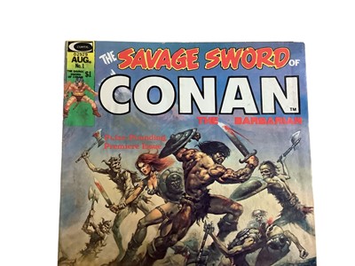 Lot 215 - The Savage Sword of Conan the Barbarian #1 (1974 - Curtis). Includes the first appearance of Red Sonja's chain mail bikini and first appearance of Blackmark. Together with a complete run from issue...