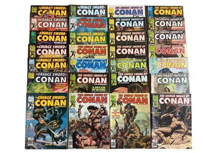 Lot 215 - The Savage Sword of Conan the Barbarian #1 (1974 - Curtis). Includes the first appearance of Red Sonja's chain mail bikini and first appearance of Blackmark. Together with a complete run from issue...