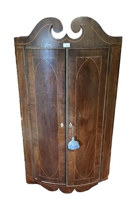 Lot 1175 - George III inlaid mahogany bow front hanging corner cupboard, 124cm high