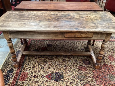 Lot 1180 - French-style chestnut farmhouse table with single drawer, turned legs joined by stretchers, 179cm long x 70cm wide x 77cm high