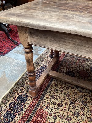 Lot 1180 - French-style chestnut farmhouse table with single drawer, turned legs joined by stretchers, 179cm long x 70cm wide x 77cm high