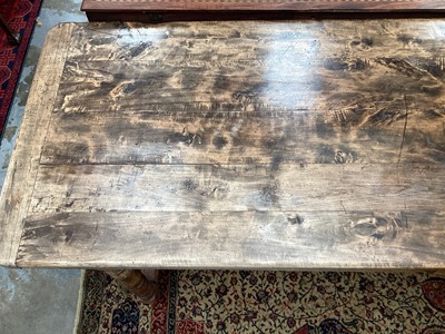 Lot 1180 - French-style chestnut farmhouse table with single drawer, turned legs joined by stretchers, 179cm long x 70cm wide x 77cm high