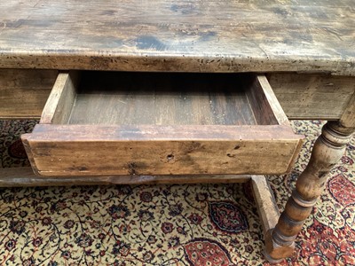 Lot 1180 - French-style chestnut farmhouse table with single drawer, turned legs joined by stretchers, 179cm long x 70cm wide x 77cm high
