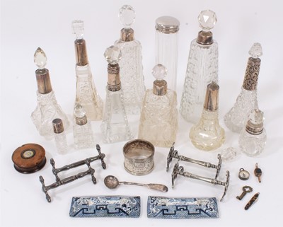 Lot 752 - Collection of vertu items including silver mounted scent bottles, burr wood snuff box, various other items