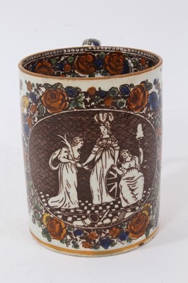 Lot 103 - A pearlware cylindrical mug, printed and painted with Britannia, circa 1800