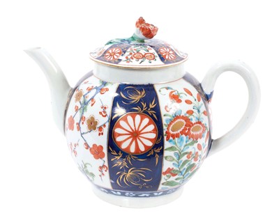 Lot 111 - A Worcester globular teapot and cover, decorated in Kakiemon style, circa 1770. Provenance; Zorensky Collection