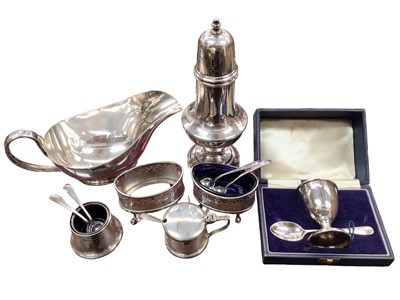 Lot 1013 - Silver egg cup and spoon in fitted case, together with a pair of Victorian silver salts, various spoons, silver plated sauce boat from Beach Hotel Frinton and other items.