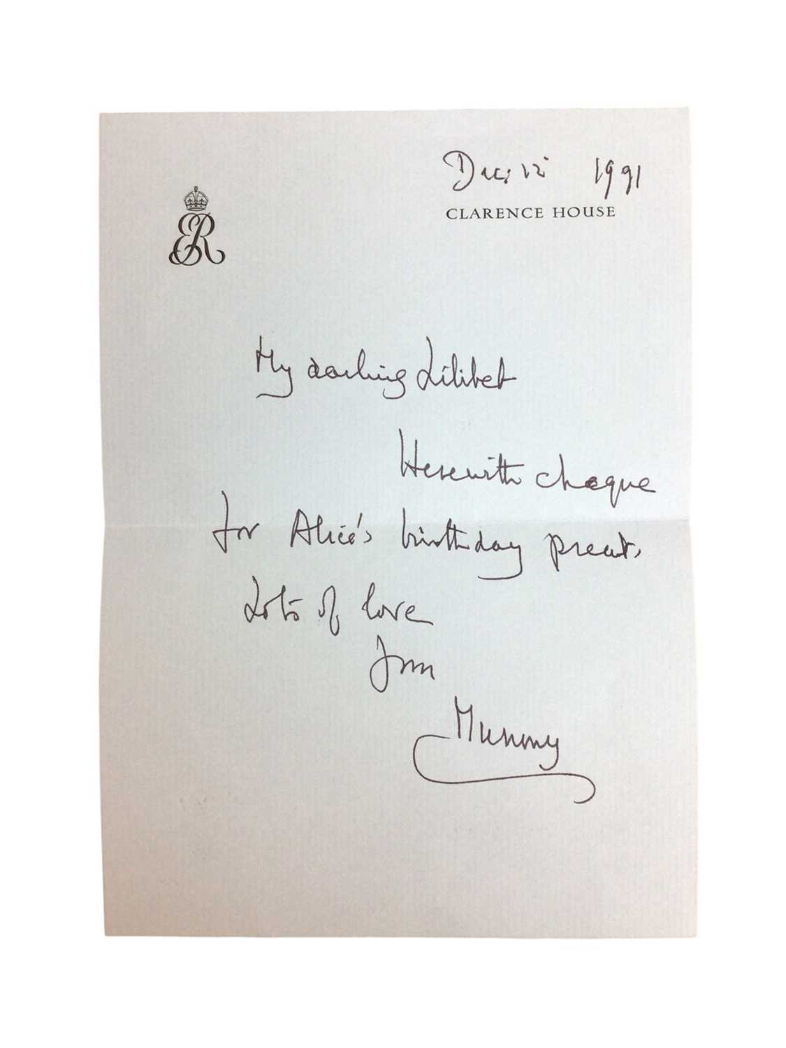 Lot 91 - H.M. Queen Elizabeth The Queen Mother, rare handwritten letter to her daughter The Queen on Clarence House headed writing paper