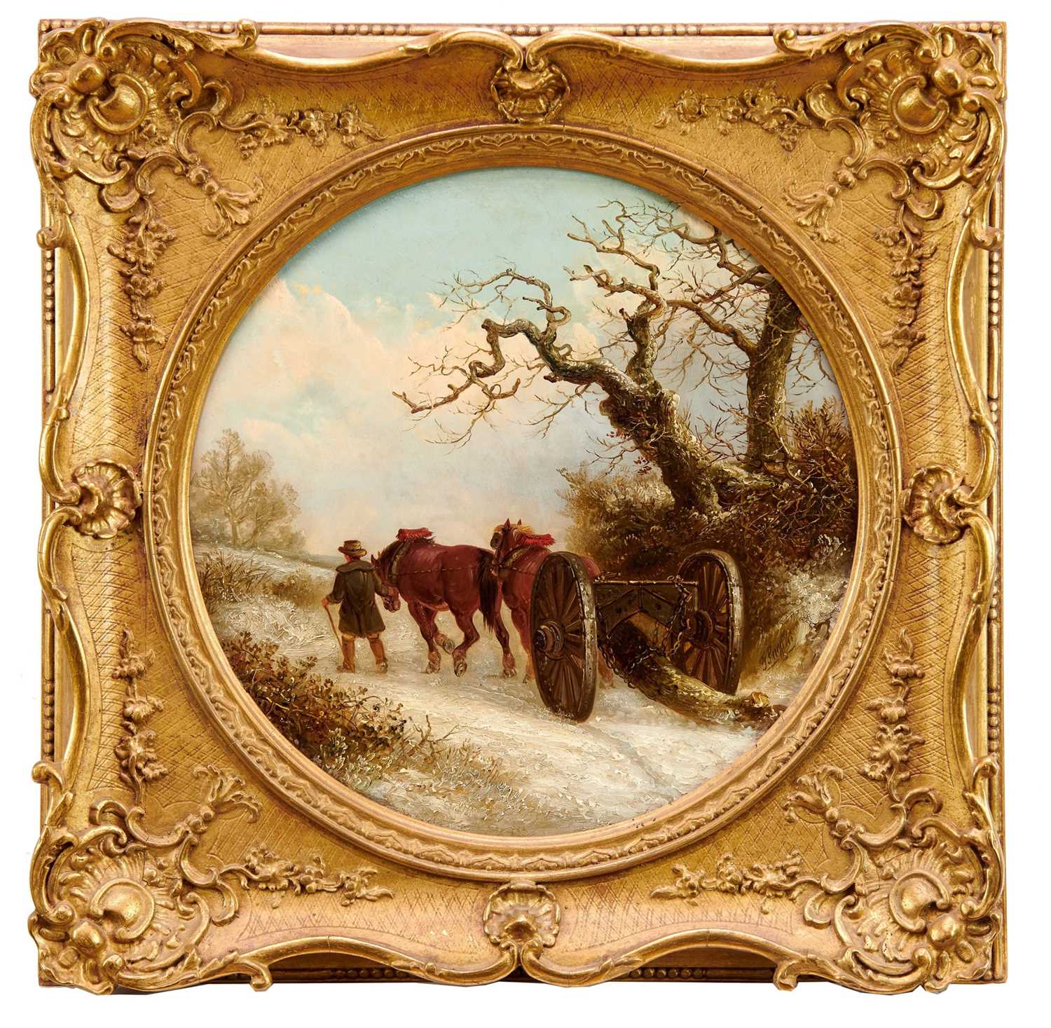 Lot 923 - Thomas Smythe (1825-1906) oil on panel - The Log Drag, signed, 35.5cm tondo, in gilt frame