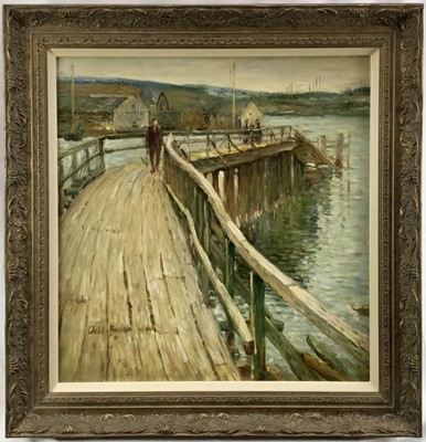 Lot 177 - After Child Hassam, oil on canvas- figures on a wooden pier, 54cm x 52cm, framed