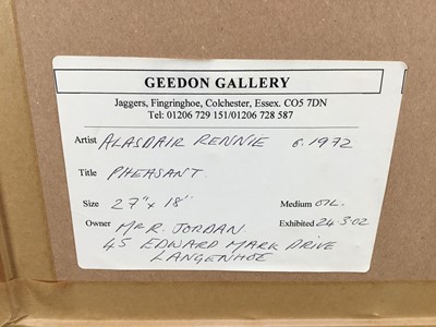 Lot 321 - Alasdair Rennie (b. 1972) two oils on board - Dead Pheasants, initialled, 67cm x 49cm and 67cm x 44cm, in gilt frames