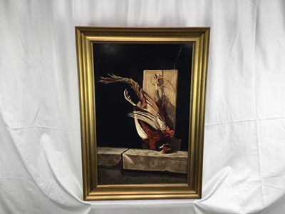 Lot 321 - Alasdair Rennie (b. 1972) two oils on board - Dead Pheasants, initialled, 67cm x 49cm and 67cm x 44cm, in gilt frames