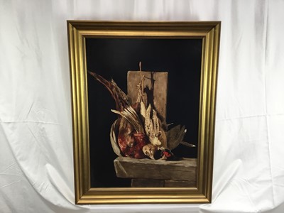 Lot 321 - Alasdair Rennie (b. 1972) two oils on board - Dead Pheasants, initialled, 67cm x 49cm and 67cm x 44cm, in gilt frames