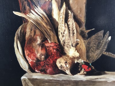 Lot 321 - Alasdair Rennie (b. 1972) two oils on board - Dead Pheasants, initialled, 67cm x 49cm and 67cm x 44cm, in gilt frames