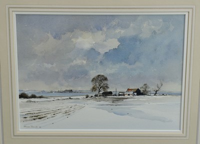 Lot 814 - Adrian Taunton (b.1939) pair of watercolours - Farm and Snowfields Over Mersea and An East Anglian Winter, signed, 26cm x 36cm, in glazed gilt frames