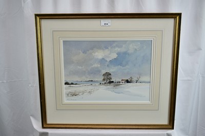 Lot 814 - Adrian Taunton (b.1939) pair of watercolours - Farm and Snowfields Over Mersea and An East Anglian Winter, signed, 26cm x 36cm, in glazed gilt frames