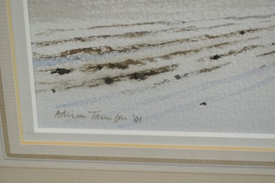 Lot 814 - Adrian Taunton (b.1939) pair of watercolours - Farm and Snowfields Over Mersea and An East Anglian Winter, signed, 26cm x 36cm, in glazed gilt frames