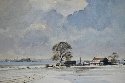 Lot 814 - Adrian Taunton (b.1939) pair of watercolours - Farm and Snowfields Over Mersea and An East Anglian Winter, signed, 26cm x 36cm, in glazed gilt frames