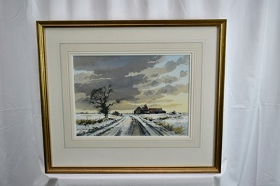 Lot 814 - Adrian Taunton (b.1939) pair of watercolours - Farm and Snowfields Over Mersea and An East Anglian Winter, signed, 26cm x 36cm, in glazed gilt frames