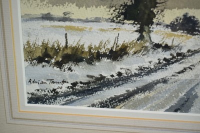 Lot 814 - Adrian Taunton (b.1939) pair of watercolours - Farm and Snowfields Over Mersea and An East Anglian Winter, signed, 26cm x 36cm, in glazed gilt frames