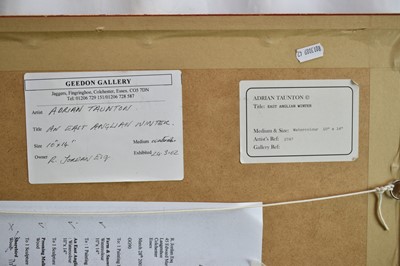 Lot 814 - Adrian Taunton (b.1939) pair of watercolours - Farm and Snowfields Over Mersea and An East Anglian Winter, signed, 26cm x 36cm, in glazed gilt frames