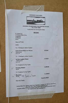 Lot 814 - Adrian Taunton (b.1939) pair of watercolours - Farm and Snowfields Over Mersea and An East Anglian Winter, signed, 26cm x 36cm, in glazed gilt frames