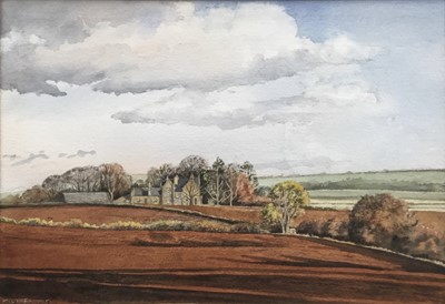 Lot 180 - Michael Cox watercolour study- country house and farmland, 22cm x 32cm in glazed frame