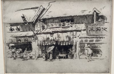 Lot 183 - Ernest Stephen Lumsden etching- Oriental Street Scene, signed, in glazed frame with Sebastian Pearson gallery receipt verso