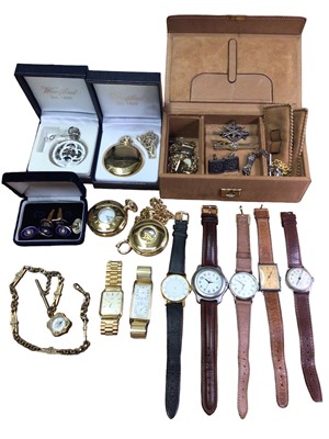 Lot 189 - Group of vintage and later wristwatches, contemporary pocket watches, plated watch chain with compass fob and other bijouterie