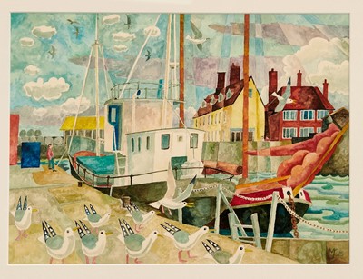 Lot 1025 - *Michael Coulter (b.1937) watercolour - Maldon Quayside, initialled and dated '15, 33.5cm x 45cm, in glazed frame