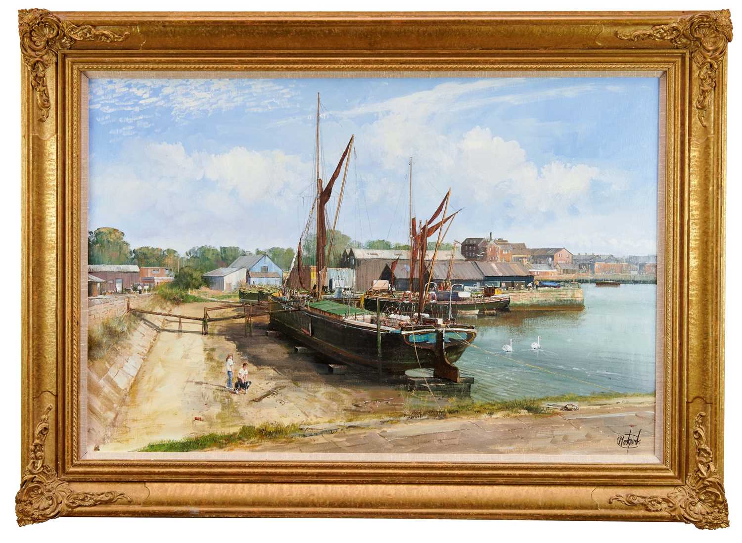 Lot 940 - *Clive Madgwick (1939-2005) oil on canvas - Ethel May, Mistley Docks, 1987, signed, 61cm x 91cm, in gilt frame