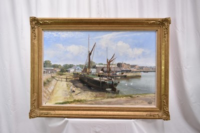 Lot 940 - *Clive Madgwick (1939-2005) oil on canvas - Ethel May, Mistley Docks, 1987, signed, 61cm x 91cm, in gilt frame