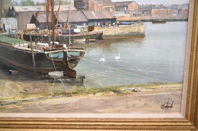 Lot 940 - *Clive Madgwick (1939-2005) oil on canvas - Ethel May, Mistley Docks, 1987, signed, 61cm x 91cm, in gilt frame